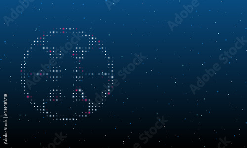 On the left is the microcircuit symbol filled with white dots. Background pattern from dots and circles of different shades. Vector illustration on blue background with stars