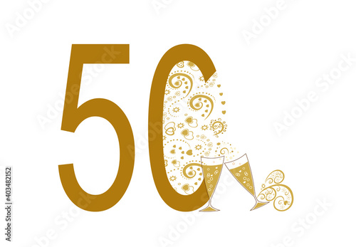 Anniversary number 50 with wedding elements and champagne glasses. Gold color logo with decorative elements. Template for the design of a festive event, wedding, greeting card and invitation
