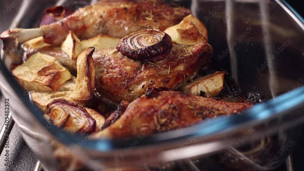 Beautiful roasted duck legs in apples and onions. Beautiful roasted duck legs in apples and onions.