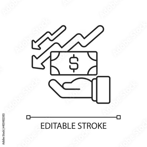 Depreciation linear icon. Accounting method of allocating cost of assets over its useful life. Thin line customizable illustration. Contour symbol. Vector isolated outline drawing. Editable stroke