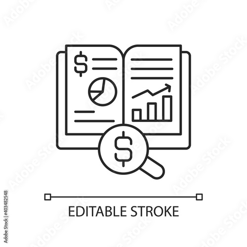 Ledger linear icon. Principal book for recording and totaling economic transactions. Thin line customizable illustration. Contour symbol. Vector isolated outline drawing. Editable stroke