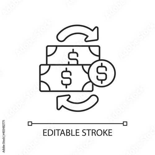 Financial transactions linear icon. Agreement to exchange asset for amount of money payment. Thin line customizable illustration. Contour symbol. Vector isolated outline drawing. Editable stroke