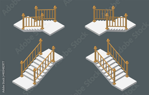 Isometric vector illustration modern concrete staircases for exterior or interior isolated on dark background. Set of steps or stairs in different positions vector icons in flat cartoon style.
