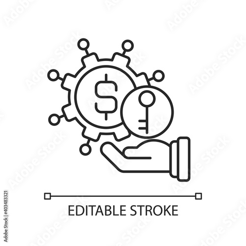 Turnkey finance functions linear icon. Successful business model. Provider assumes responsibility. Thin line customizable illustration. Contour symbol. Vector isolated outline drawing. Editable stroke