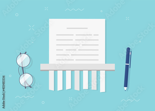 Paper sheet shredding, document page destroying via shredder machine vector icon flat cartoon desk top view, file history destroy, clear privacy information modern design