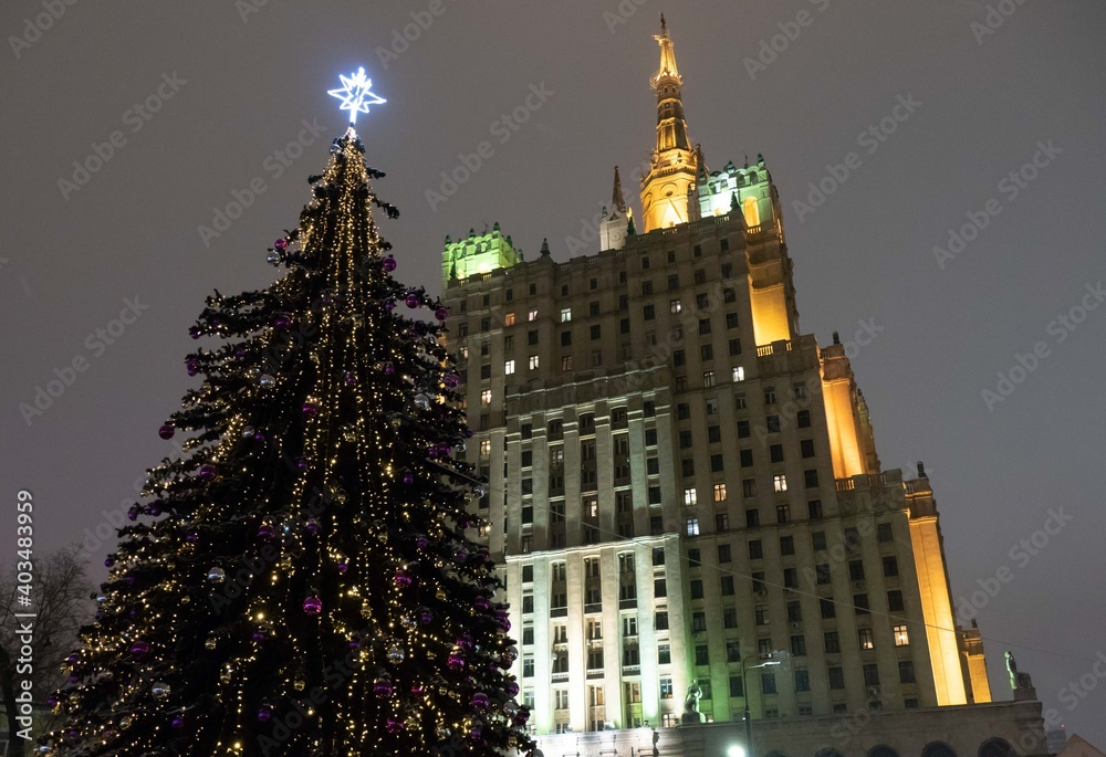 Christmas tree next to the building in Moscow