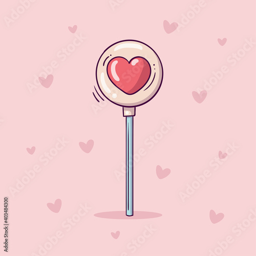 White round lollipop with red heart in doodle style on pink background with hearts