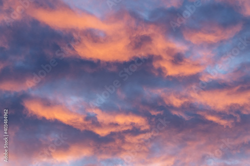 Fototapeta Naklejka Na Ścianę i Meble -  Blue sky day with colourful, colorful, coloured, pink, orange tones and hues clouds in frame. Beautiful background, sky, skies shot. 