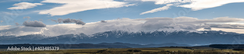 Panoramic view of the snow covered Fagaras mountains, part of the Carpathian mountains.