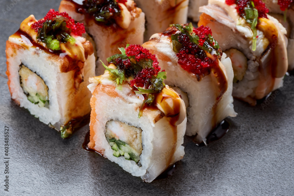 Sushi set roll with eel, Philadelphia cheese, and rice Sushi set roll with eel, Philadelphia cheese, and rice