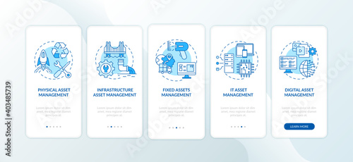 Asset management kinds onboarding mobile app page screen with concepts. Physical and infrastructure control walkthrough 5 steps graphic instructions. UI vector template with RGB color illustrations