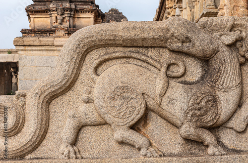 Hampi, Karnataka, India - November 5, 2013: Sri Krishna temple in ruins. Closeup of beige-stone sculpted baluster of entry steps depicting fight between snake biting head of lion. photo