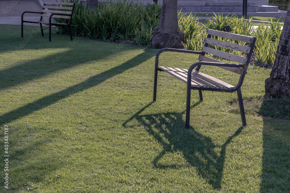 Wooden benches on grass floor in a shady area of the park. Seating and unwind area. Copy space, Selective focus. Wooden benches on grass floor in a shady area of the park. Seating and unwind area. Copy space, Selective focus.
