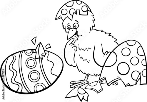 Easter chick hatched from egg cartoon coloring book page