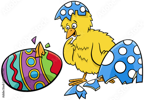 Easter chick hatched from coloered egg cartoon illustration