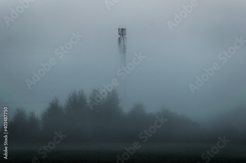 Power line pylon in fog in forest