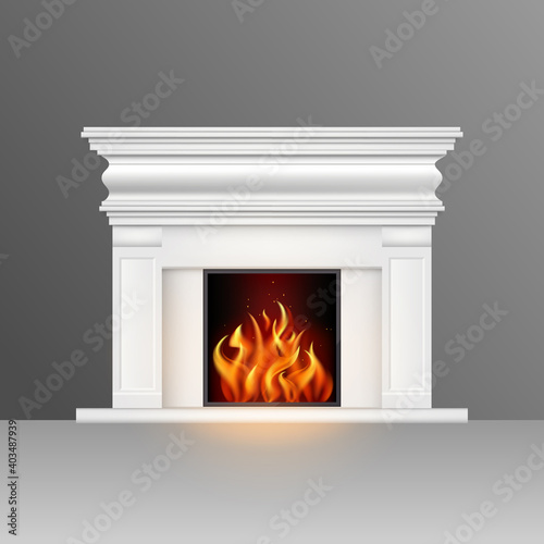 White fireplace with natural fire in a classic style. Element of the interior of the living room. Vector illustration