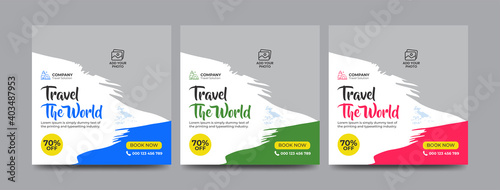 Travel and vacation square social media banner post template with brush stroke