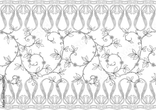 Floral Seamless pattern, background In art nouveau style, vintage, old, retro style. Outline vector illustration Isolated on white background.. © Elen  Lane