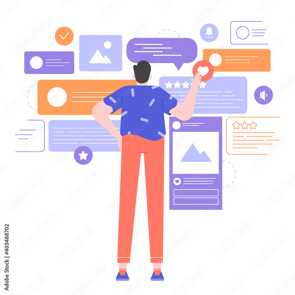 The man stands with his back to the cloud of speech bubbles. Surfing on social networks. New messages, notifications, viewing the feed online. Vector flat illustration. The man stands with his back to the cloud of speech bubbles. Surfing on social networks. New messages, notifications, viewing the feed online. Vector flat illustration.