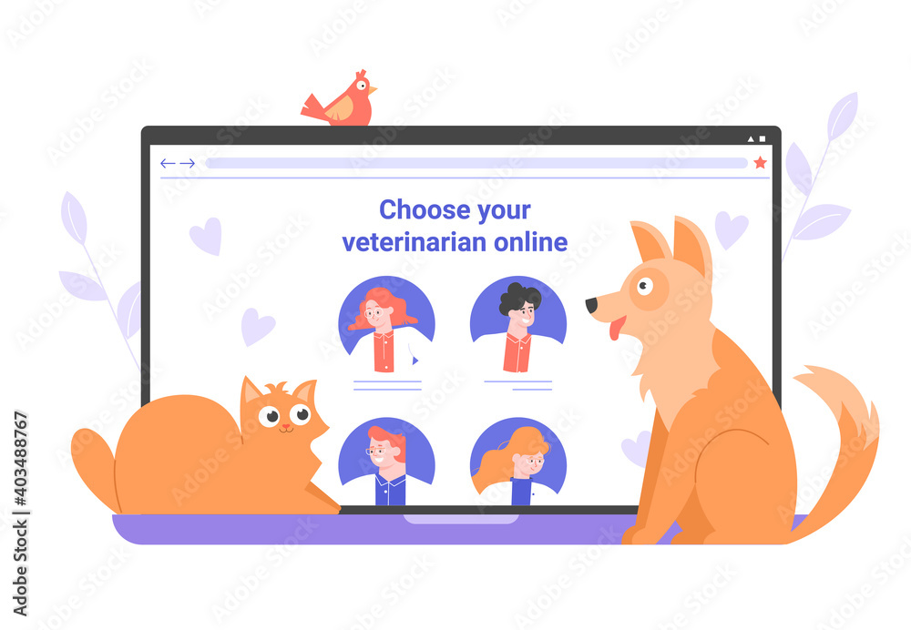 Veterinary clinic website on laptop display. Doctors for pets online. Cute  cat, dog and bird nearby. Vector flat illustration. Stock Vector | Adobe  Stock