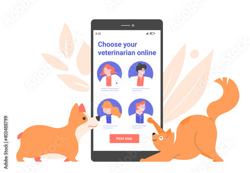 Veterinary clinic website on smartphonedisplay. Doctors for pets online. Cute cat and corgi dog nearby. Vector flat illustration.