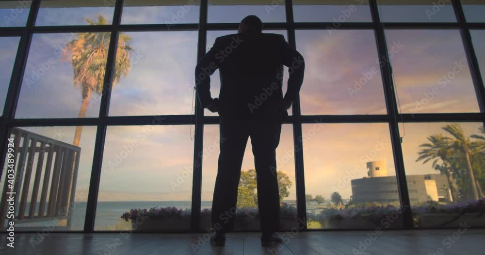 Businessman standing near a big window, looking at the lake at sunset. Businessman standing near a big window, looking at the lake at sunset.