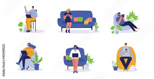 People working on computer and home and in office icons isolated vector illustration