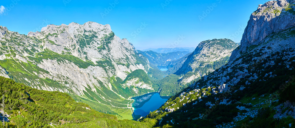 Upper Lake Gosau,  Gosaulacke and Lake Gosau with Panoramic mountain landscape in Austrian Alps. 