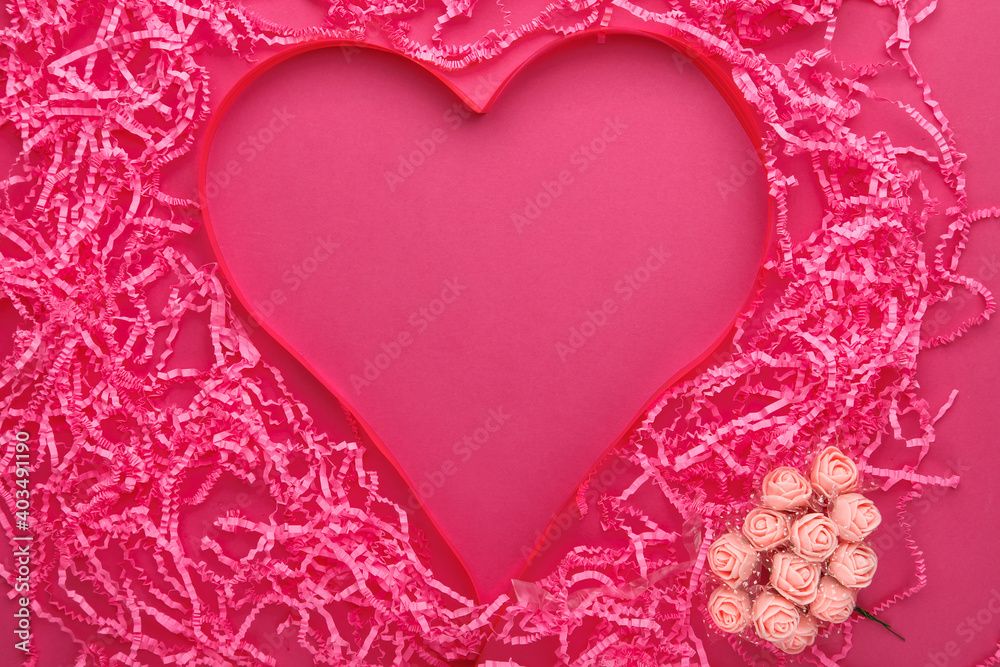 Pink background volumetric heart made of paper and ribbons and pink paper decor.