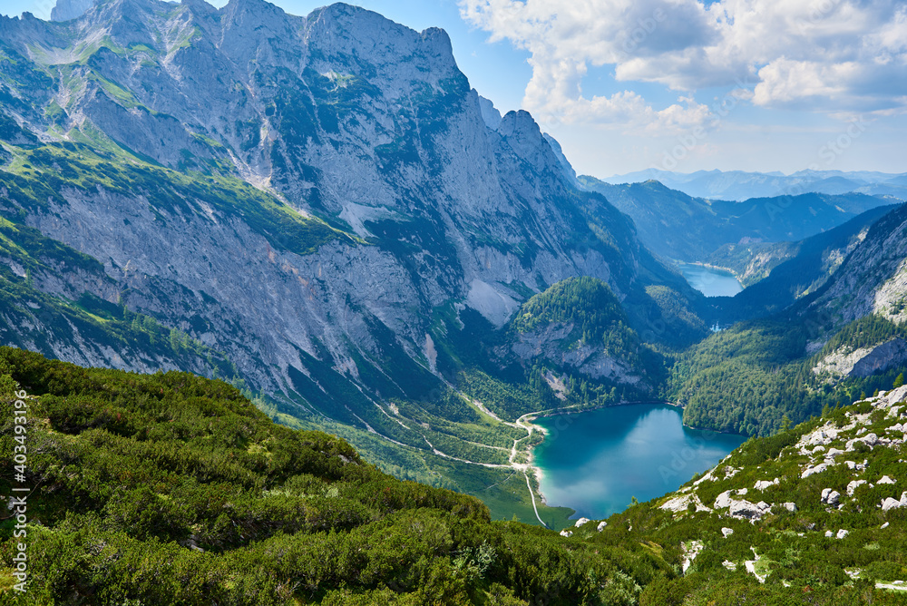 Upper Lake Gosau,  Gosaulacke and Lake Gosau with Panoramic mountain landscape in Austrian Alps. 
