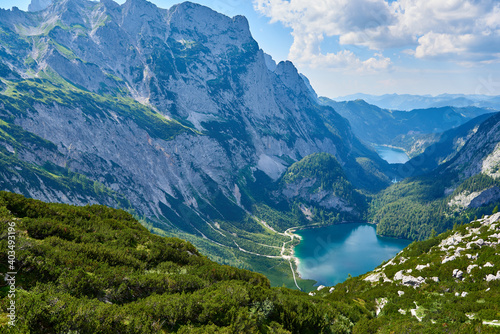 Upper Lake Gosau   Gosaulacke and Lake Gosau with Panoramic mountain landscape in Austrian Alps. 