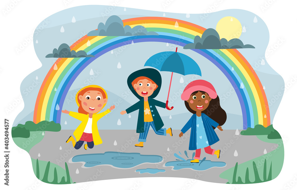 Happy group of diverse multiracial kids playing in the rain dancing in puddles under a colorful rainbow outdoors, colored vector illustration Happy group of diverse multiracial kids playing in the rain dancing in puddles under a colorful rainbow outdoors, colored vector illustration