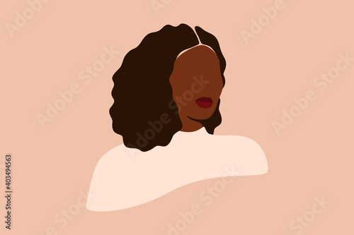 Abstract Silhouette of Black woman with curly hair. Confident young female with dark brown skin portrait. Vector illustration for International Women's Day and Mother's day.