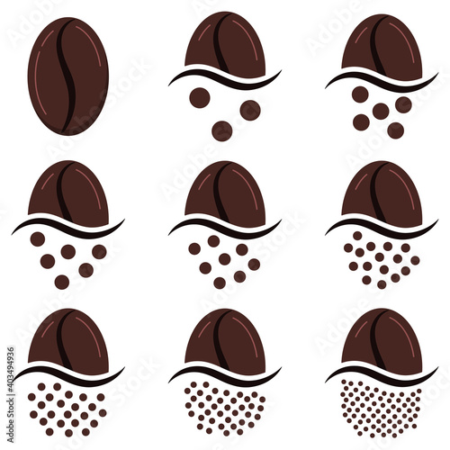 Fotografia Coffee grind size chart grains icon set isolated on white background