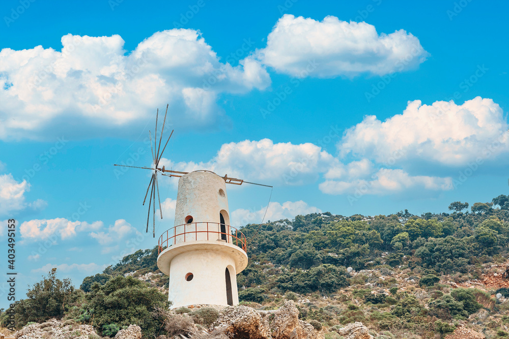 Traditional windmill in the mountains of the Greek island of Crete