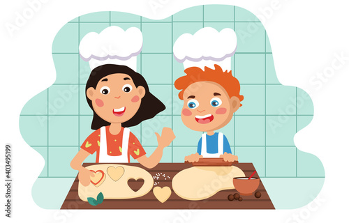 Young children wearing a cooks toque having fun cooking together in the kitchen making cookies, colored cartoon vector illustration