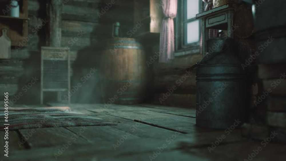 dark interior of retro log house