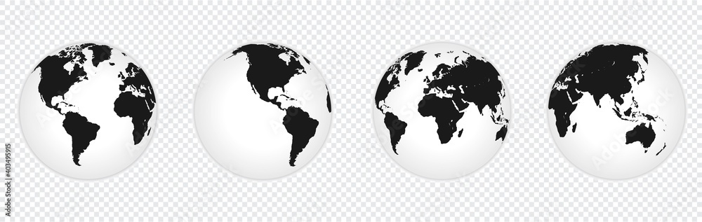 Fototapeta premium set of Earth globe icon with 4 hemispheres continents. world map in globe shape isolated on transparent background. vector illustration