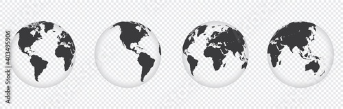 set of transparent Earth globe icon with 4 hemispheres continents. world map in globe shape isolated on transparent background. vector illustration