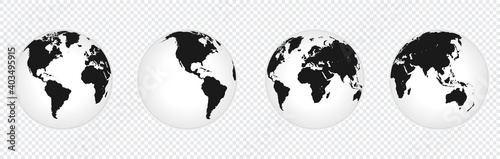 set of Earth globe icon with 4 hemispheres continents. world map in globe shape isolated on transparent background. vector illustration