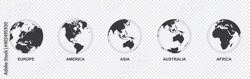 set of transparent Earth globe icon with 5 hemispheres continents Europe America Asia Australia Africa. world map in globe shape isolated on transparent background. vector illustration
