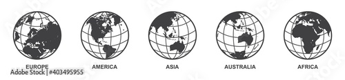 set of Earth globe icon with 5 hemispheres continents Europe America Asia Australia Africa. world map in globe shape isolated on white background. vector illustration
