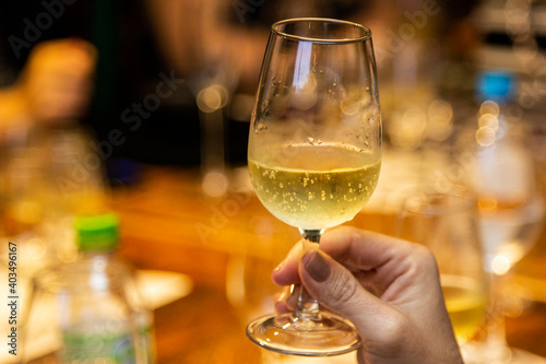 Female hand holding glass of sparkling wine.