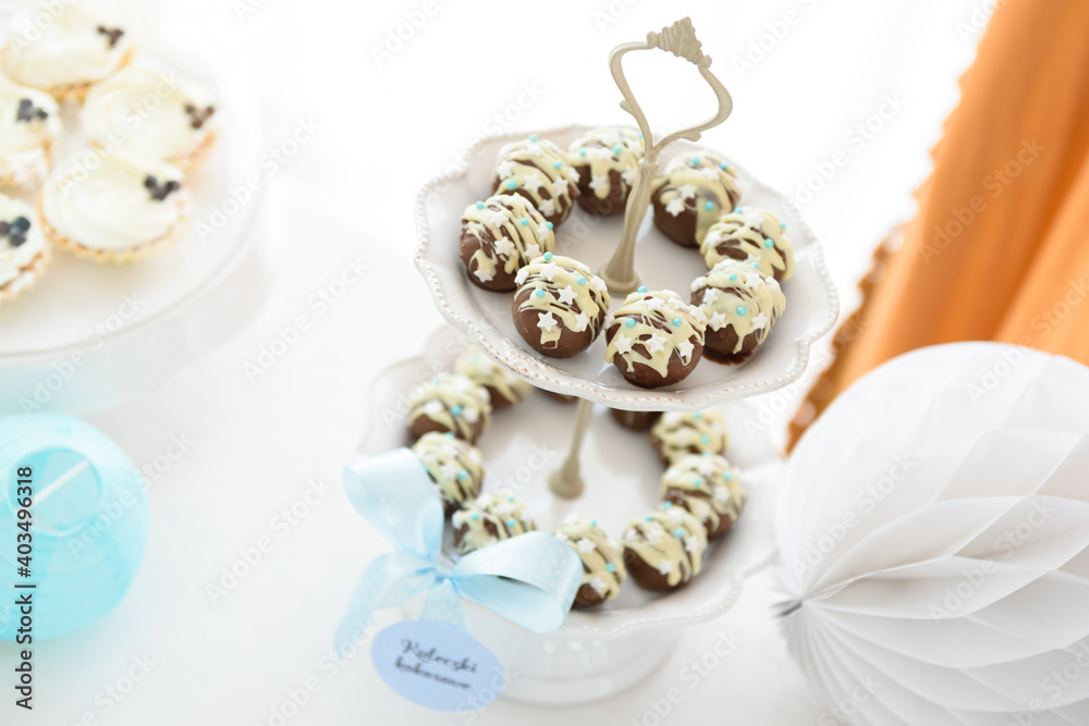 Yummy pralines in chocolate glaze on a candy bar at the family party Yummy pralines in chocolate glaze on a candy bar at the family party