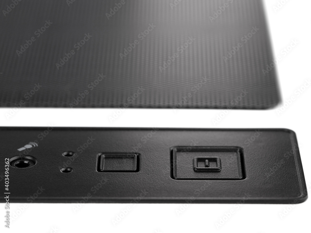 the case of the system unit of a personal computer with power buttons and USB inputs. isolate on a white background the case of the system unit of a personal computer with power buttons and USB inputs. isolate on a white background