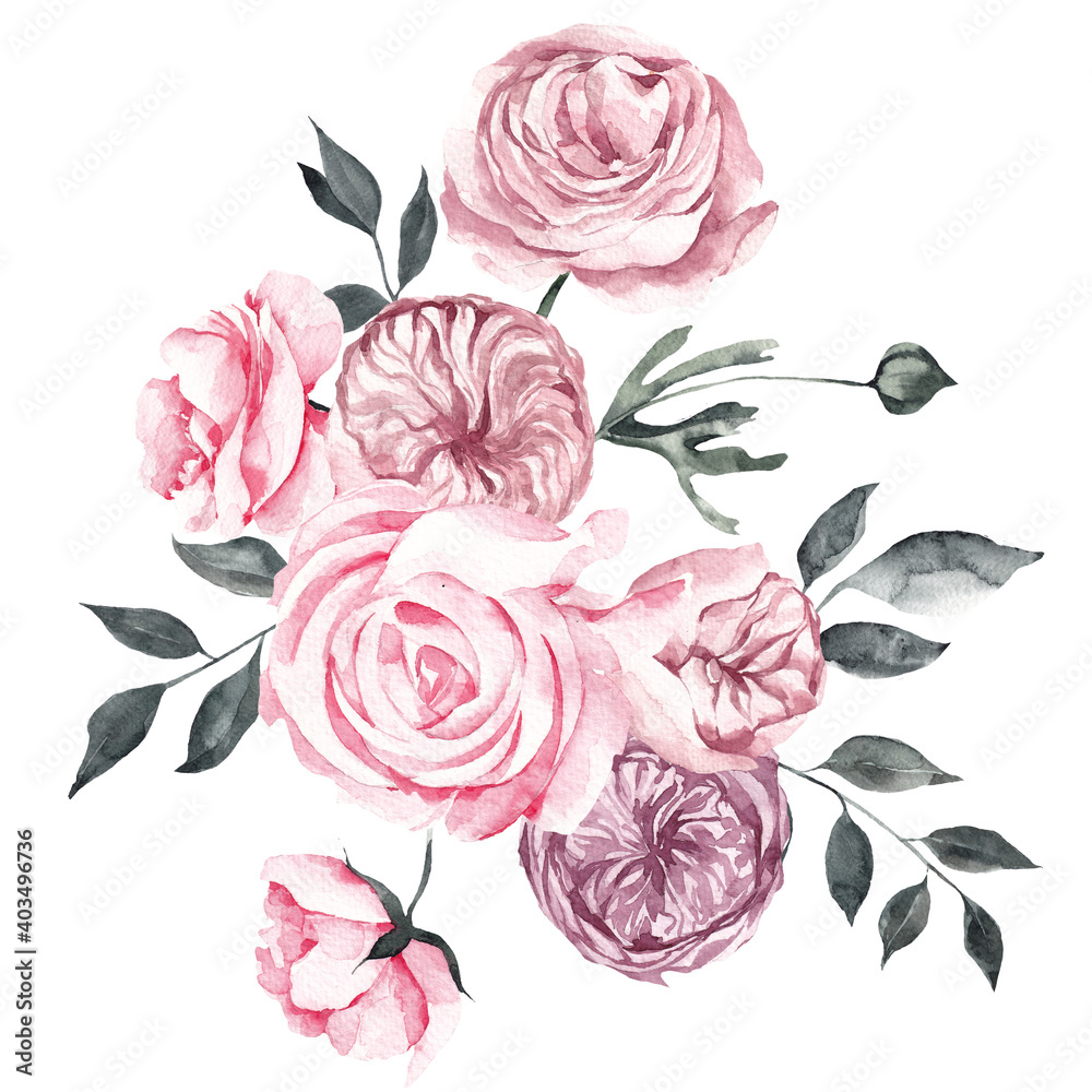 Watercolor bouquet with red and ink flowers, isolated on white background