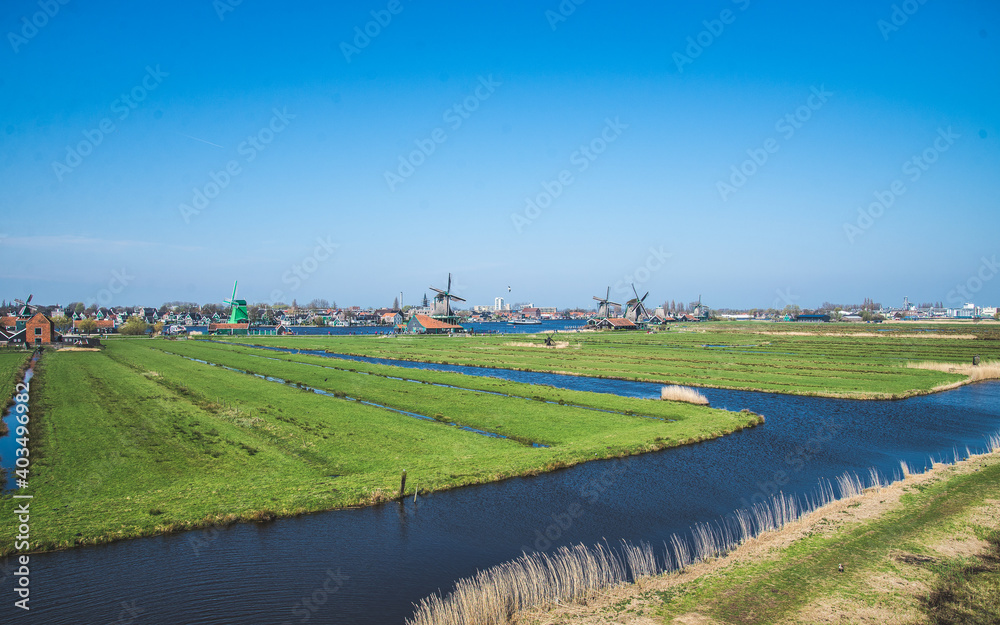 Green fields and rivers in the Netherlands (Holland) with a blue sky and wind mills in the background. Spring of 2016 (April).