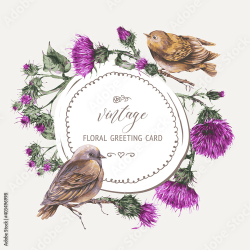 Vector watercolor bird on a branch with thistle greeting card.
