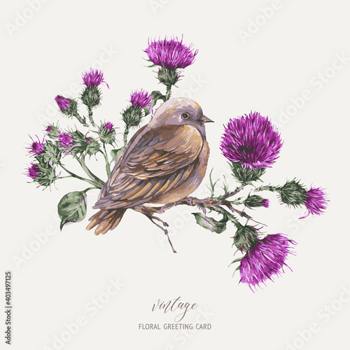 Vector watercolor bird on a branch with thistle greeting card.